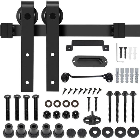 Contents of 8 FT Sliding Barn Door Hardware Kit Heavy Duty-Smoothly and Quietly- Easy to Install with Door Hook and 2 Handles - Black