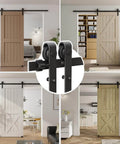 6.6FT sliding barn door hardware kit for single door, carbon steel black track system shown in various room settings