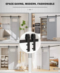 6.6FT Sliding Barn Door Hardware Kit for Single Doors up to 40 Inch shown installed in kitchen, pantry, cloakroom, and bedroom.