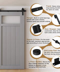 Diagram of 6.6FT Sliding Barn Door Hardware Kit detailing components like carbon steel track, nylon rollers, door stoppers, spacers, and floor guides.