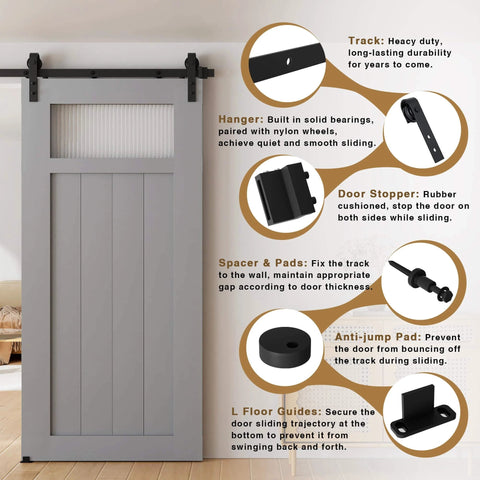 Diagram of 6.6FT Sliding Barn Door Hardware Kit detailing components like carbon steel track, nylon rollers, door stoppers, spacers, and floor guides.