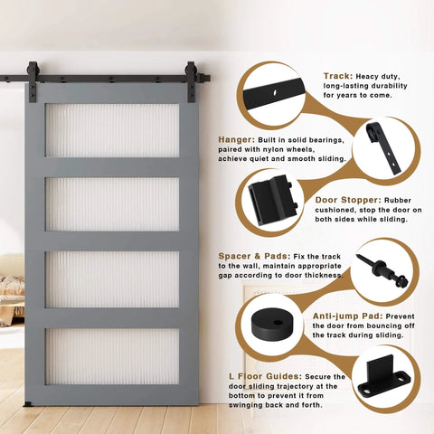 7.5FT Sliding Barn Door Hardware Kit for Single Doors up to 45 Inch, featuring heavy duty carbon steel track and nylon rollers