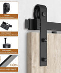 Close-up of 6.6 Ft Sliding Barn Door Hardware Kit for 40 Inch Wide Door Panel, black I shape hangers, smooth roller system