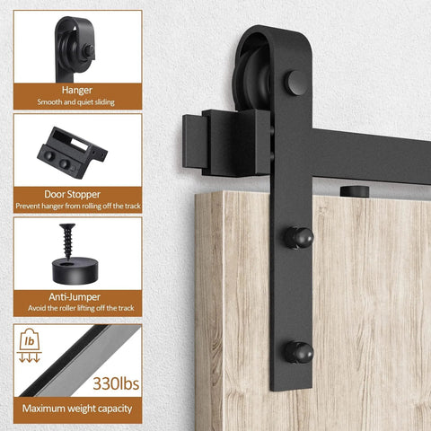 Close-up of 6.6 Ft Sliding Barn Door Hardware Kit for 40 Inch Wide Door Panel, black I shape hangers, smooth roller system