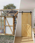 Side by side view of the 6.6FT/79.2" Sliding Barn Door Hardware Kit with Barn Door Floor Guide installed outdoors and indoors.