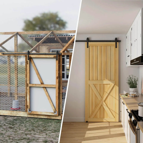 Side by side view of the 6.6FT/79.2" Sliding Barn Door Hardware Kit with Barn Door Floor Guide installed outdoors and indoors.