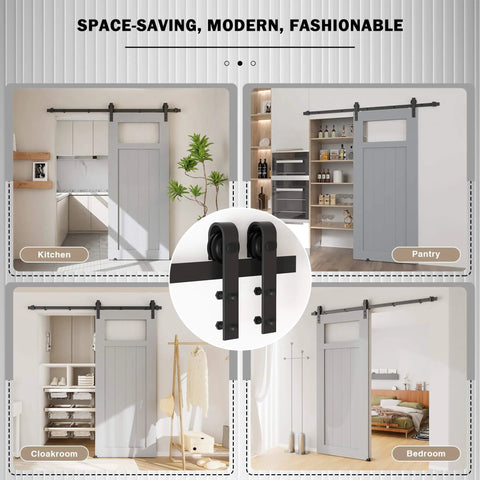 6FT Sliding Barn Door Hardware Kit for Single Doors up to 36 Inch shown in various interior settings including kitchen and bedroom.
