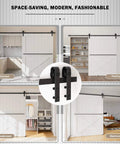9FT Sliding Barn Door Hardware Kit for Single Doors up to 54 Inch, shown in kitchen, pantry, cloakroom, and bedroom settings.