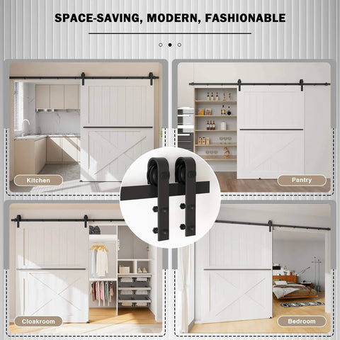 9FT Sliding Barn Door Hardware Kit for Single Doors up to 54 Inch, shown in kitchen, pantry, cloakroom, and bedroom settings.