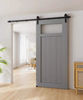 6.6FT Sliding Barn Door Hardware Kit for Single Doors up to 40 Inch, installed on gray door, showing carbon steel track