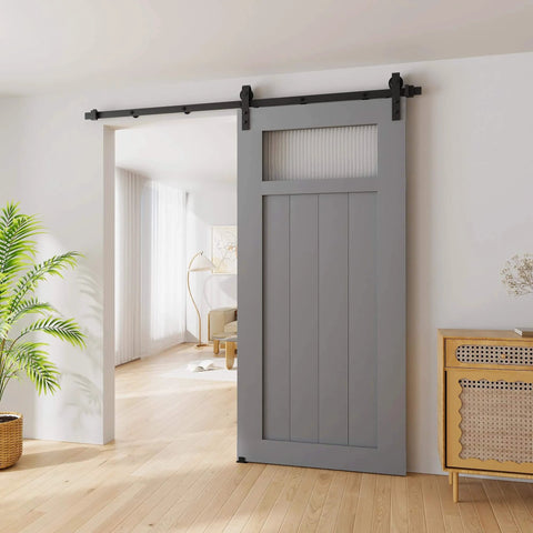 6.6FT Sliding Barn Door Hardware Kit for Single Doors up to 40 Inch, installed on gray door, showing carbon steel track