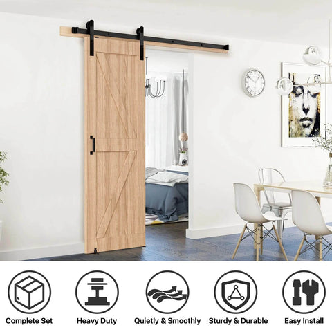 6.6 FT Sliding Barn Door Hardware Kit with I Shape hanger installed in dining room, black steel track, wooden door panel