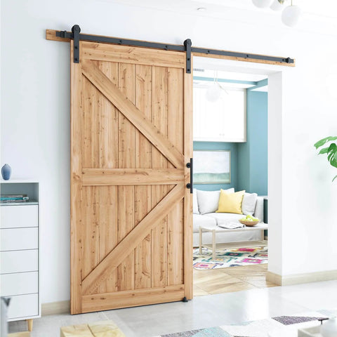 8.2 FT Heavy Duty Sturdy Sliding Barn Door Hardware Kit, Black, installed on natural wood door in modern living room