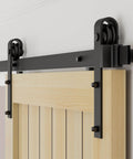 Close-up of 6.6FT/79.2" Sliding Barn Door Hardware Kit with Barn Door Floor Guide fit 40" single wooden door installed on wall.