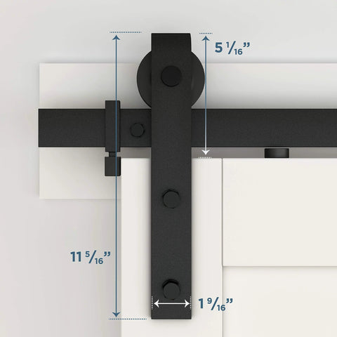 Interior Sliding Barn Door Kit Matte Black Two Piece Track System 72 Inch Rail Installed Close-up View