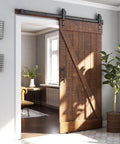 6ft Heavy Duty Sliding Barn Door Hardware Kit, Black, installed in a living room, wood door with industrial wheel hangers