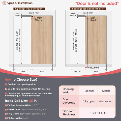 Diagram showing installation options for 36" Concealed Sliding Barn Door Hardware Kit with Soft Close Mechanism for 28in openings.