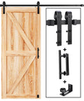 6.7 FT Sliding Barn Door Hardware Kit and Handle Door Hardware Kit with Basic J Pulley, easy install shown with wooden door