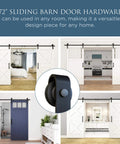 Interior Sliding Barn Door Kit Matte Black Two Piece Track System 72 Inch Rail in various room settings