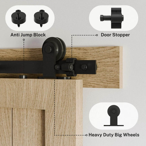 Close-up of 80" Sliding Barn Door Hardware Kit showing anti-jump block, door stopper, and heavy-duty big wheels on wooden door.