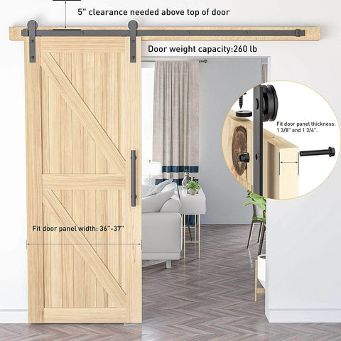 6.6 FT Sliding Barn Door Hardware Kit with I Shape hanger installed on wooden door in living room, showing black steel track.