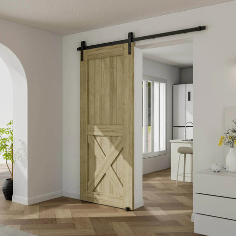 Interior view with 6.6FT sliding barn door hardware kit for single door, carbon steel black track, installed in an open position.