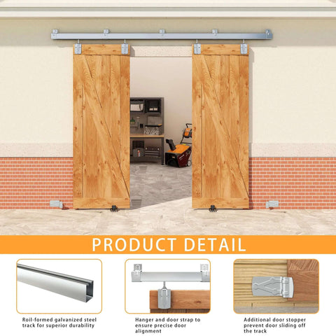 Exterior view of 8Ft Box Rail Exterior Barn Door Hardware Kit For Two Doors With Heavy Duty Sliding Track And Wall Mount Brackets In Silver