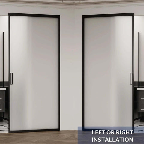 Sliding Barn Door With Concealed Rail Softclose Glass Door In Matte Black Easy Assembly Waterproof Frosted Tempered Glass Privacy Panel Fits 28 To 36 Inch Width And 73 To 83 Inch Height installed in living space