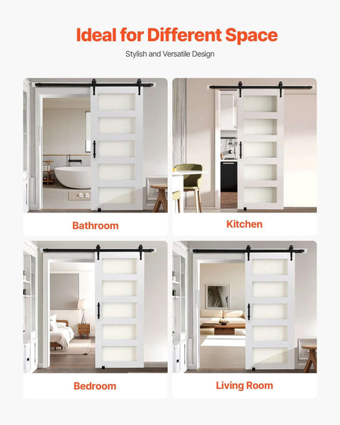 32 By 84 Inch Sliding Barn Door With Header Board And 6 Ft Hardware Track Kit And Handle installed in bathroom, kitchen, bedroom, living room
