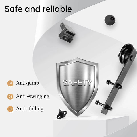 6.6 FT Double Door Sliding Barn Door Hardware Track Kit safety features with anti-jump, anti-swing, and anti-falling components.