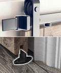 Close-up of 8.2 FT Sliding Barn Door Hardware Kit with J Shape hanger and floor guide on wood, smooth and quiet track system.