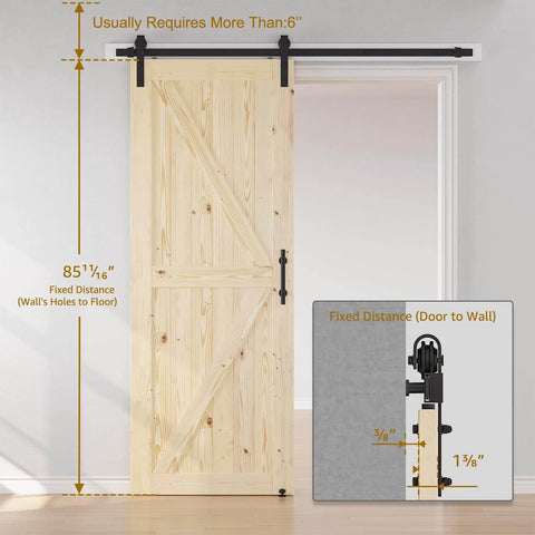 36 in x 84 in Sliding Barn Door with 6.6 ft hardware kit installed, unfinished solid spruce wood, shown with track and handle, DIY assembly.