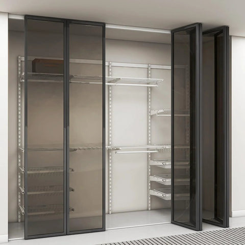 Free Sliding Bifold Door Hardware With Track installed in a closet, showing glass doors with steel frames for smooth quiet operation.