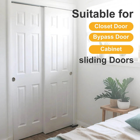 Sliding Closet Door Roller Kit With 48 Inch Track For Top Hung Bypass Doors shown installed on white sliding doors in bedroom.