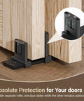 Sliding Closet Door Floor Guide for Bypass Doors with Adjustable Three-Roller System in Black, installed on wood floor