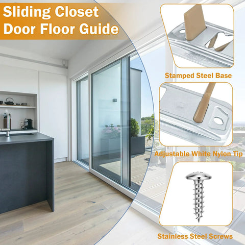 Premium Sliding Closet Door Floor Guide Kit close-up showing stamped steel base and adjustable white nylon tip with screws