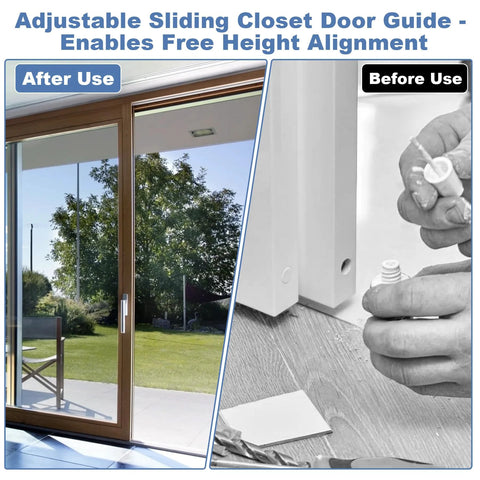 Sliding Closet Door Floor Guides With Carpet Risers shown installed on a door, demonstrating before and after alignment adjustment.