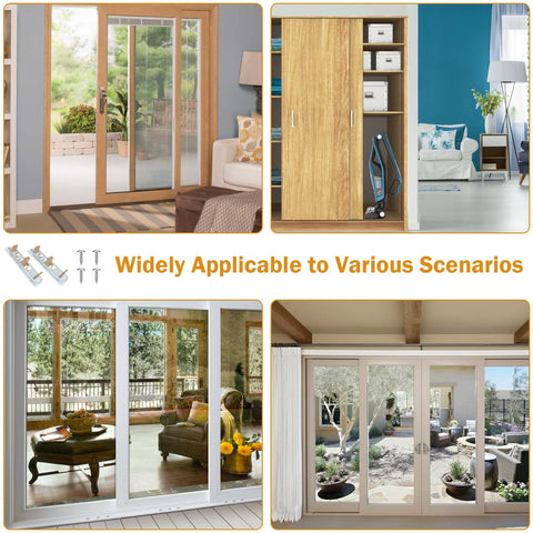 Premium Sliding Closet Door Floor Guide Kit, Adjustable Stamped Steel Hardware, 8 Pack installed on sliding doors in various rooms
