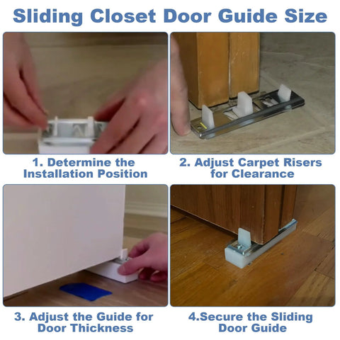 Sliding Closet Door Floor Guides With Carpet Risers, Adjustable Floor Guides For Doors, set of four installation steps shown