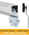 Sliding Closet Door Roller Kit With 48 Inch Track For Top Hung Bypass Doors, All In One Replacement Hardware shown with convex ball bearing wheel.