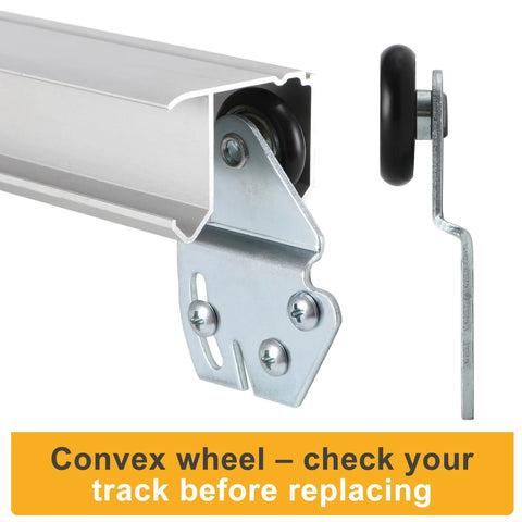 Sliding Closet Door Roller Kit With 48 Inch Track For Top Hung Bypass Doors, All In One Replacement Hardware shown with convex ball bearing wheel.