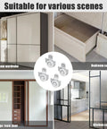 Sliding Closet Door Roller Kit 4 Pieces, Flexible Wardrobe Bypass Door Hardware Set with installed examples in cabinets and wardrobes.