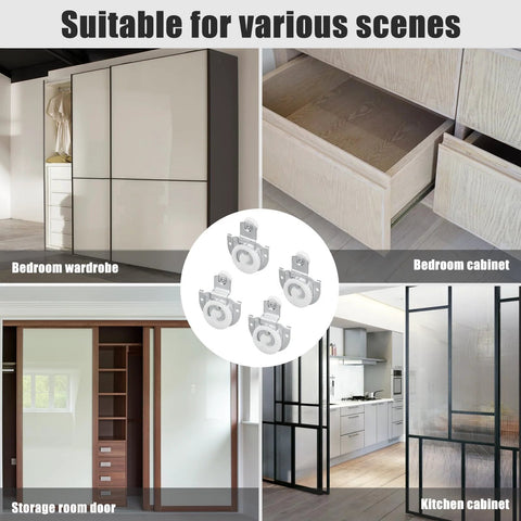 Sliding Closet Door Roller Kit 4 Pieces, Flexible Wardrobe Bypass Door Hardware Set with installed examples in cabinets and wardrobes.