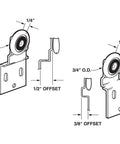 Diagram of sliding closet door roller kit with 3/4 inch wheel diameter, stamped steel brackets, and offset options for top hung bypass wardrobe doors.