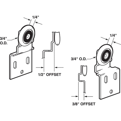 Diagram of sliding closet door roller kit with 3/4 inch wheel diameter, stamped steel brackets, and offset options for top hung bypass wardrobe doors.