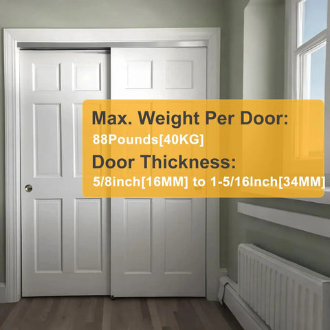 Sliding Closet Door Roller Kit With 48 Inch Track For Top Hung Bypass Doors, installed on white interior doors in a home setting.