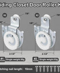 4 Piece Sliding Closet Door Hardware Rollers with screws, galvanized steel, showing dimensions and weights, ideal for cabinets and wardrobes.