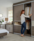Sliding Closet Door Rollers Replacement Hardware For Mirror And Wardrobe Doors Pack Of 2 with a woman opening a closet.