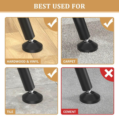 Sliding Door Security Bar base on hardwood, carpet, tile, and cement surfaces, illustrating compatibility for home and hotel use.