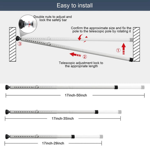 Diagram showing installation steps for the Sliding Door Security Bar, 17.7-50.5inch Heavy Duty Adjustable Sliding Patio Door Lock Bar with Rubber Tips,Diameter 1inch Window Security Bar for Home Apartment Travel Children Women (White).